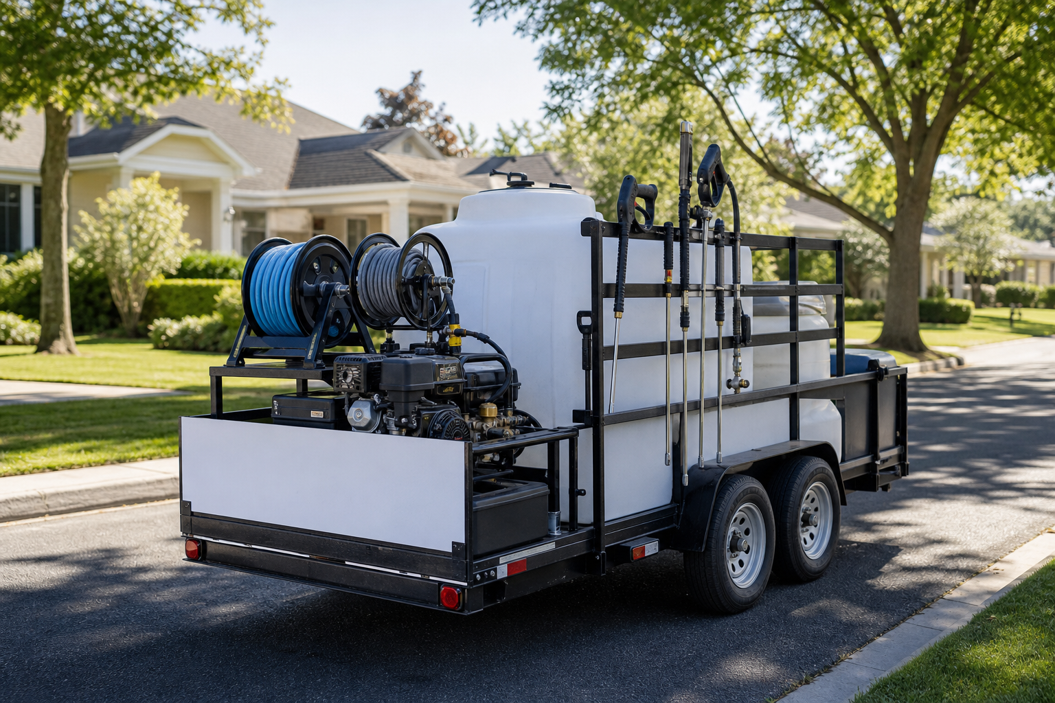 CB Pressure Washing equipment trailer on a Kansas City job site